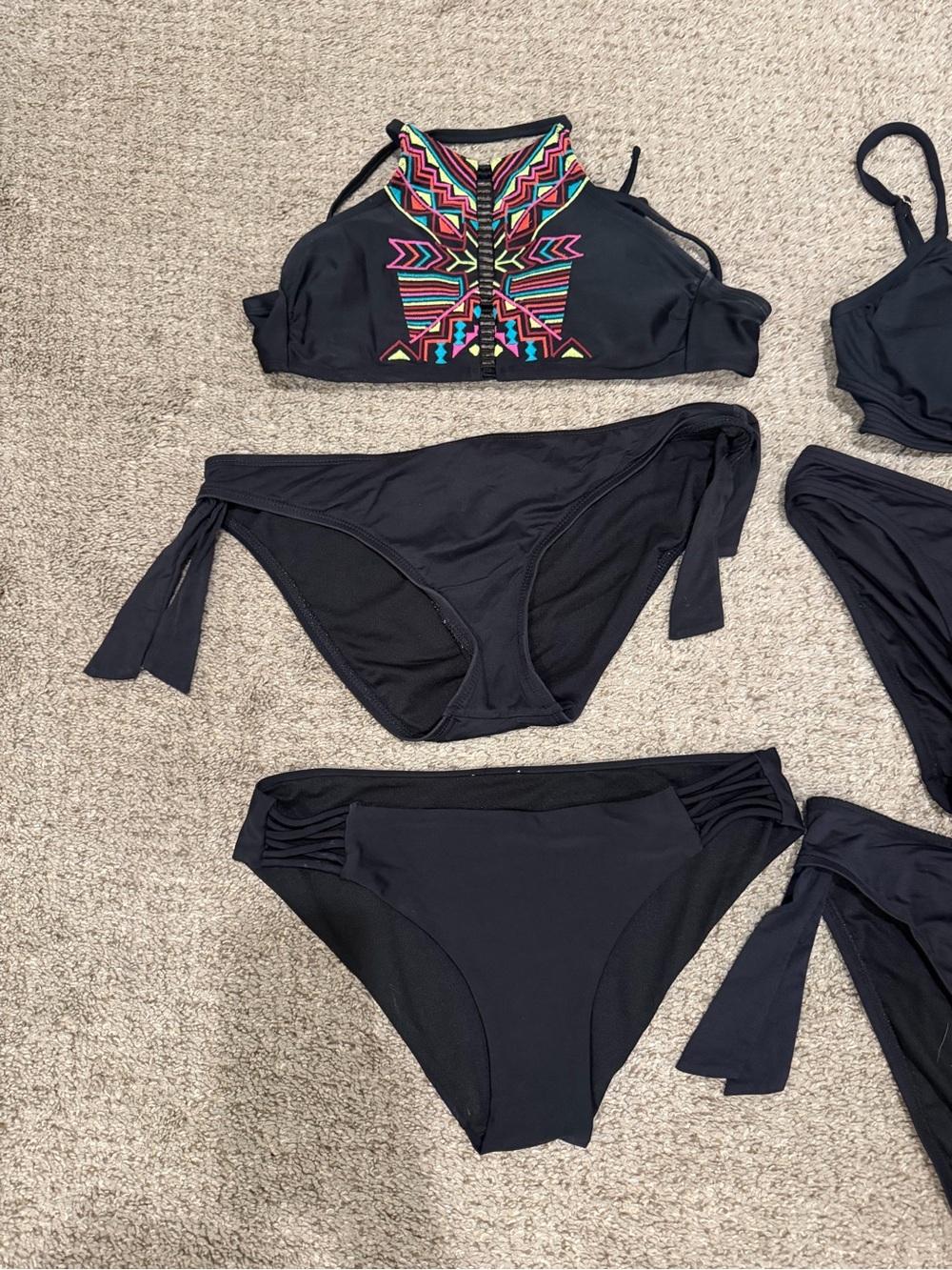 Black Bikini Tops and Bottoms Set with Colorful Embroidered Top - Picture 3 of 3